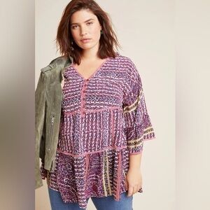 ANTHROPOLOGIE Maeve Lilyana Tiered 100% Silk Blouse SIZE LARGE BOHO flounce‎